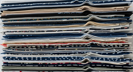 A close-up stack of various folded fabric swatches showing different colors textures and patterns like denim and cotton