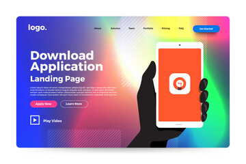 Landing page design for mobile app download with hand holding phone