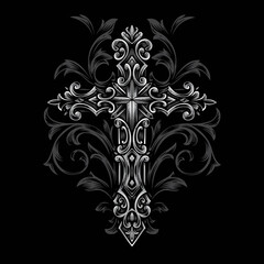 Ornate gothic cross with floral scrollwork on black background