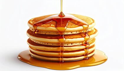 A delicious stack of golden pancakes with rich maple syrup being poured over them, creating a sweet breakfast treat.