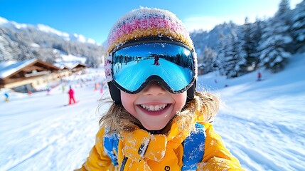 Child enjoys a fun day of skiing on snowy slopes with bright blue sky and surrounding trees in winter wonderland