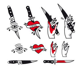 Tattoo style illustrations of knives hearts and eyes
