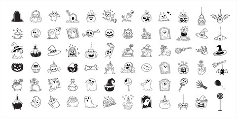 Mega collection of hand drawn doodle style Halloween icons spooky elements set