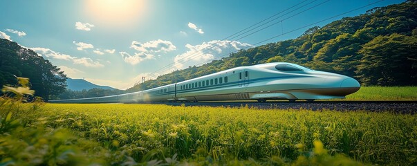 Fototapeta premium Bullet Train Speeding Through Countryside, with motion blur emphasizing its incredible speed under a bright blue sky.