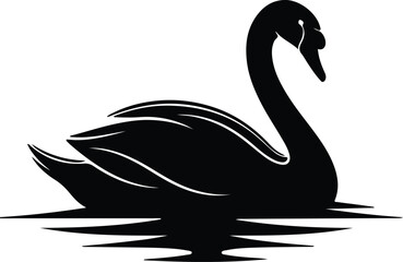 Vector Swan swimming in water black and white silhouette Illustrator