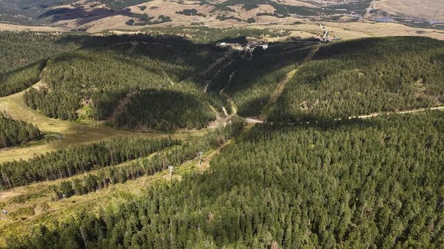 Zlatibor Mountain, Serbia. Revealing Drone Shot of Picturesque Landscape, Pine Forest and Hills in Summer Season
