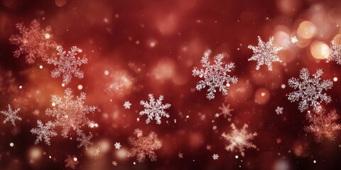 Festive Red Background with White Snowflakes, Glowing Bokeh, and Subtle Winter Atmosphere for Holiday Celebrations