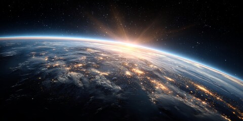 Obraz premium Stunning cosmic view of Earth illuminated by radiant sunlight shining through atmospheric layers in the vast universe