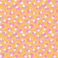 Seamless abstract vector pattern with playful hand drawn circles and floral shapes in pink, white and yellow orange. Design for textiles, wrapping paper, and modern backgrounds
