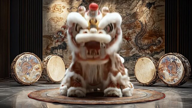 Traditional chinese lion dance costume in vibrant detail with drums and patterned backdrop festive cultural display rich textures