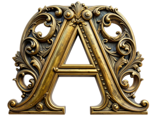 Ornate golden letter a isolated on transparent background, perfect for design