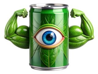 Green energy drink can with eye and muscle isolated on transparent background