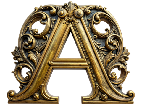 Ornate golden letter a isolated on transparent background, perfect for design