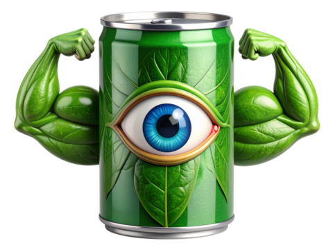 Green energy drink can with eye and muscle isolated on transparent background