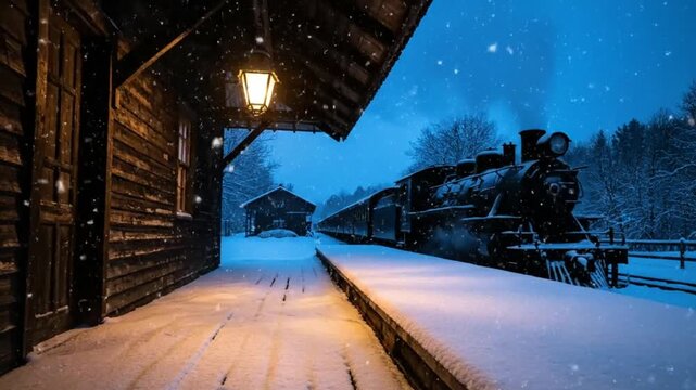 Vintage steam train at a station during a winter snow storm