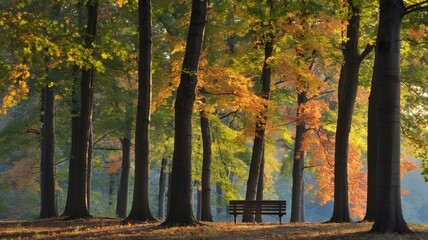 A Solitary Wooden Bench Bathed in the Golden Light of an Autumn Afternoon Amidst Tall Trees with Vibrant Yellow and Orange Foliage