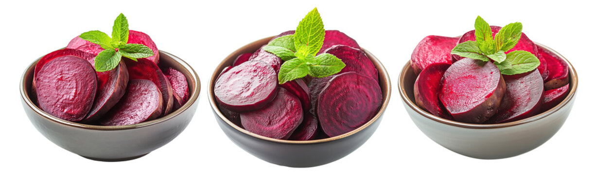 Freshly sliced boiled beets in ceramic bowl, garnished with mint leaves, isolated on white transparent background. Healthy food concept