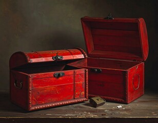 Two Red Treasure Chests with Open Lids on Wooden Surface.