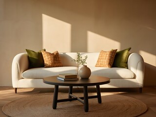 Cozy living room with textured boucle sofa and round coffee table bathed in warm natural light creating a serene and inviting atmosphere perfect for relaxation and gathering