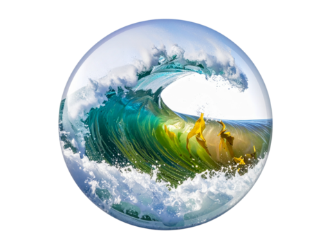 Ocean wave breaking in a glass sphere isolated on transparent background