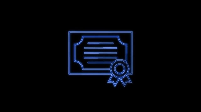Neon glowing liner certificate symbol icon animation. 4k footage.