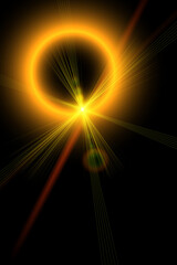 Abstract sun burst, digital flare, iridescent glare over black background.