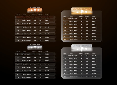 Dark brown glassmorphism leaderboard UI template pack, elegant transparent ranking and scoreboard interface design for game or esports layout.
