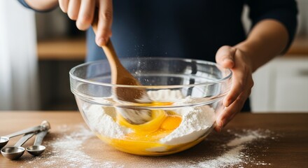 Close-up of hands mixing flour and eggs in a glass bowl with a wooden spoon on kitchen counter, concept for baking tutorial, pastry preparation and cooking class advertising