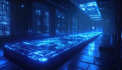 Illuminated futuristic corridor with a glowing data panel, reflecting vibrant blue light and intricate details throughout a long, symmetrical space, evoking a sense of technological advancement and...