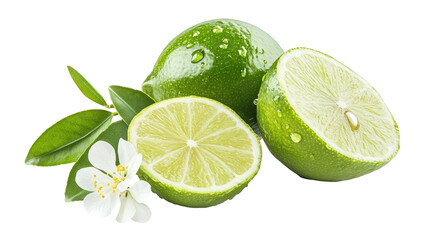 Lime fruits, halved, whole, with flower, on black background