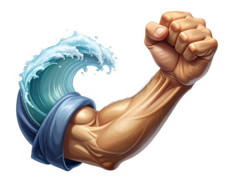 Strong arm with water wave isolated on transparent background, digital artwork