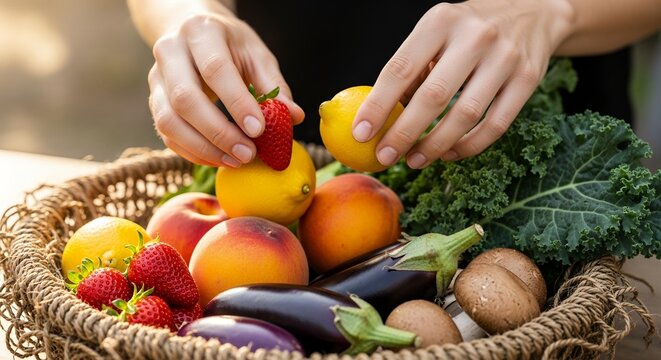 Woman's hands arrange fresh fruits and vegetables in a wicker basket outdoors under natural light, concept for healthy eating, farm-to-table initiatives and nutritional education