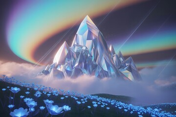 Enchanting Crystal Mountain Peak Emerges Above a Field of Glowing Blue Flowers Underneath a Dreamy Aurora Sky