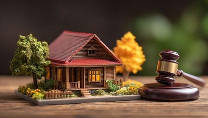 a miniature model of an old wooden house with a red roof and brown walls, surrounded by green trees and yellow flowers on the table in front of it