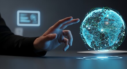 Hand reaching towards a glowing digital globe with network connections visualized, concept for global communication, technology innovation and international business