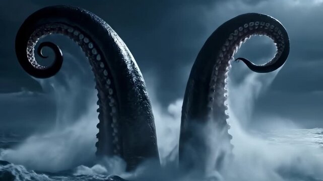 Epic Sea Monster Leviathan Emerges from a Stormy Ocean with Crashing Waves and Lightning