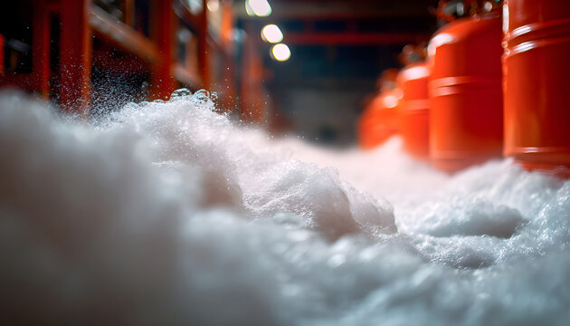 Medium shot of foambased fire suppression system activating over a storage tank with foam spreading rapidly while background remains blurred.