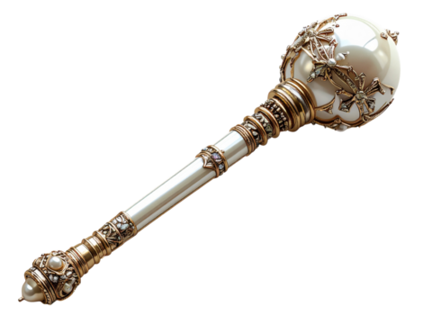 Ornate pearl scepter with golden accents isolated on transparent background