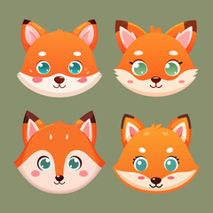 Fototapeta premium Set of Cute Chibi Cartoon Fox Faces