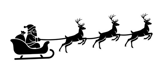 Santa Claus Riding Sleigh with Reindeer Silhouette. Christmas Winter Holiday Vector Illustration.
