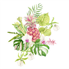 Bouquet of white orchids, green anthurium, pink pineapple, sarracenia and monstera leaves. Exotic plants of tropical forests and jungles. Watercolor illustration for wedding invitations jungle style.
