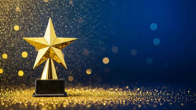 Golden star trophy on a sparkling background with bokeh lights