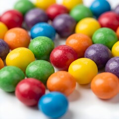 A vibrant and colorful assortment of round glossy gumballs scattered on a white background