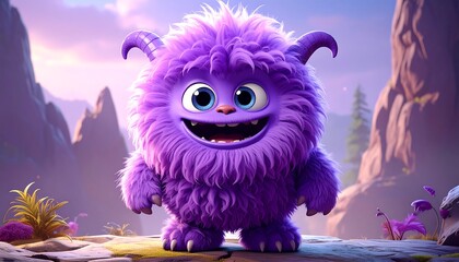 Whimsical Purple Monster Character in a Fantasy Landscape, Smiling.