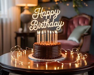 A Delicious Chocolate Birthday Cake Adorned with Lit Candles and Festive Fairy Lights Creating a Warm and Joyful Celebration Atmosphere