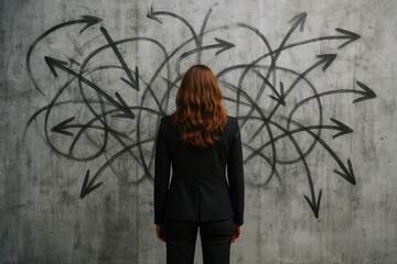 Confused businesswoman standing in front of a concrete wall covered in chaotic black arrows pointing in multiple directions, symbolizing indecision and stress. Ai generative