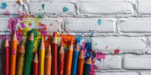 Colorful Back to School Theme with Splashes of Paint on a White Brick Wall for Educational and Seasonal Promotions and Marketing Ideas