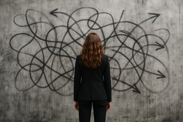 Woman in black suit standing before chaotic arrows wall mural symbolizing confusion and decision making in modern business environment. Ai generative. Ai generative