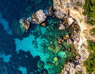 An aerial view showcases a vibrant coastline; crystalline waters meet rocky cliffs and lush greenery. The turquoise shallows give way to the deep blue ocean