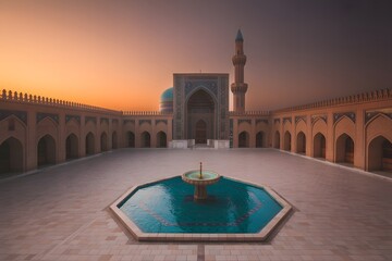 Serene Courtyard of an Ancient Mosque Bathed in the Golden Hues of a Tranquil Sunset Sky